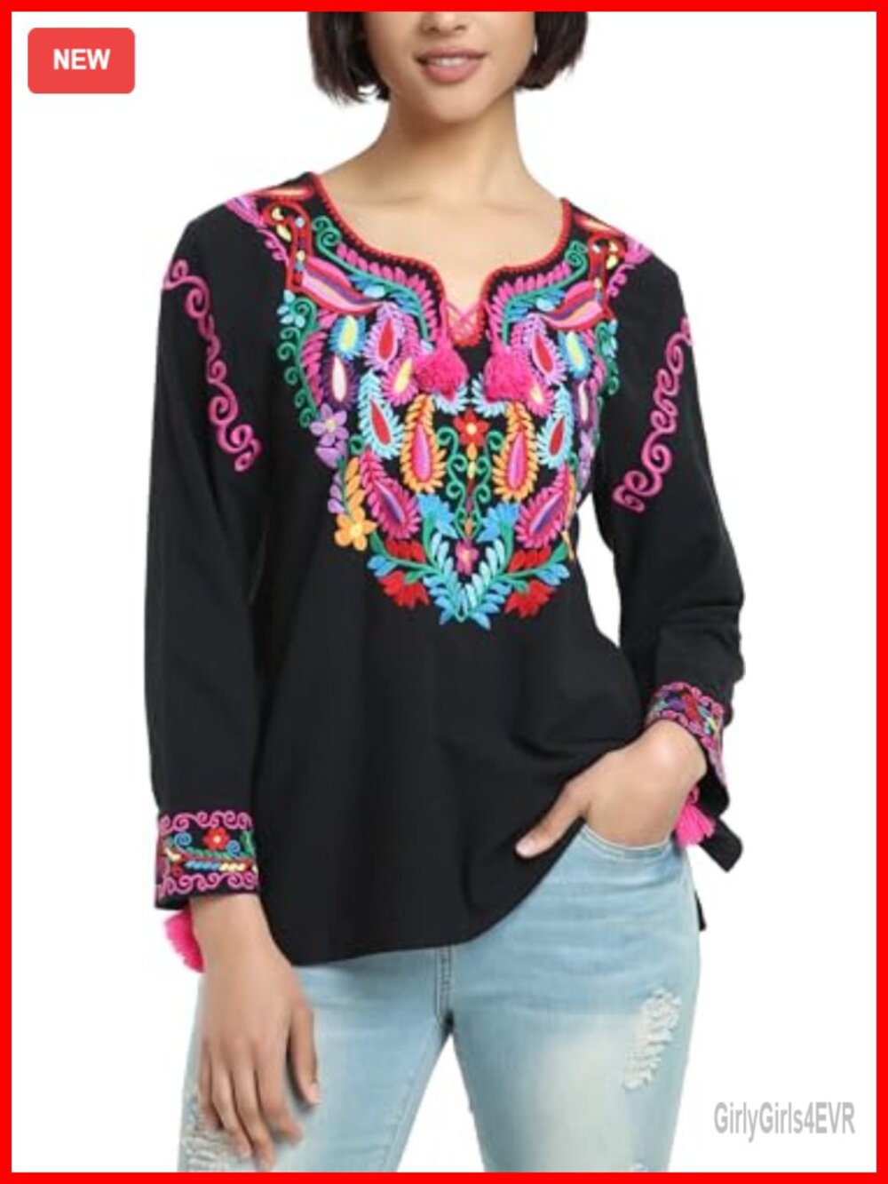 Women's Mexican Embroidered Long Sleeve V Neck Boho Tunic Top
